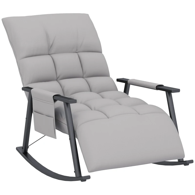 HOMCOM Rocking chair, adjustable backrest & footrest, side pocket, microfiber upholstery, metal frame, gray