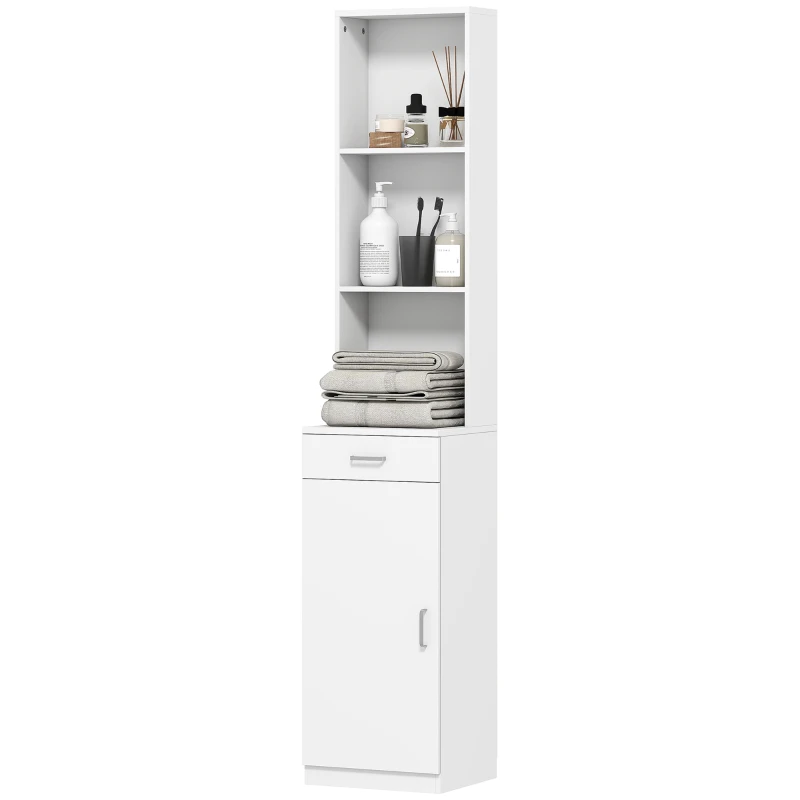 HOMCOM Tall Bathroom Cabinet, Narrow Design, Drawer, Shelves, Cabinet, Particleboard, White