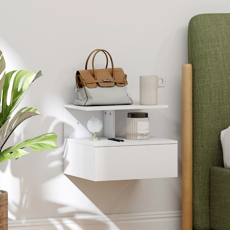 HOMCOM Wall-mounted nightstand side table with drawer, open shelf White, 39.8 x 35 x 31.6 cm