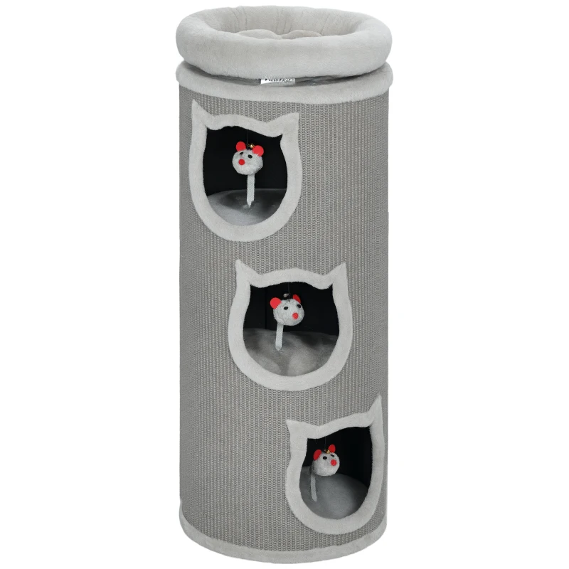 PawHut Barril rascador para gatos, 96 cm, torre de 4 niveles con cama lavable, 3 cuevas para dormir, juguete colgante, para varios gatos Gris