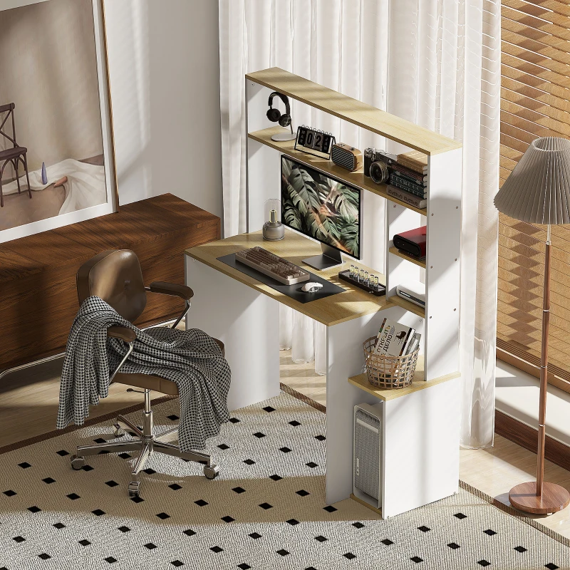 HOMCOM Computer Desk, Desk with Open Shelves and Storage Compartments, Steel, Light Brown+White