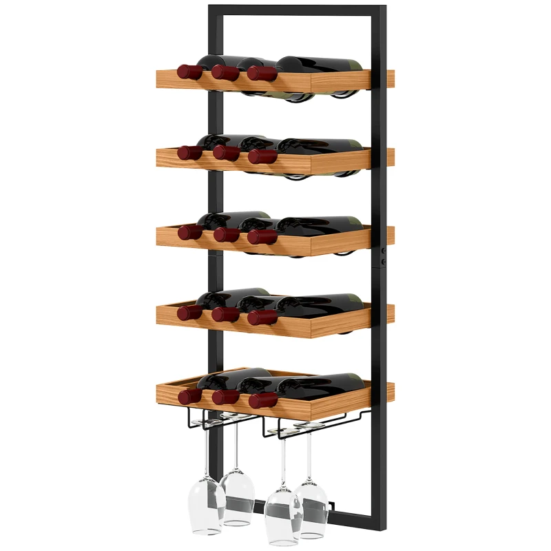 HOMCOM Wall Wine Rack, 5 Levels, Bottle Holder, Glass Holder, Pine Wood, Steel, Home Bar, Kitchen, Living Room, Brown