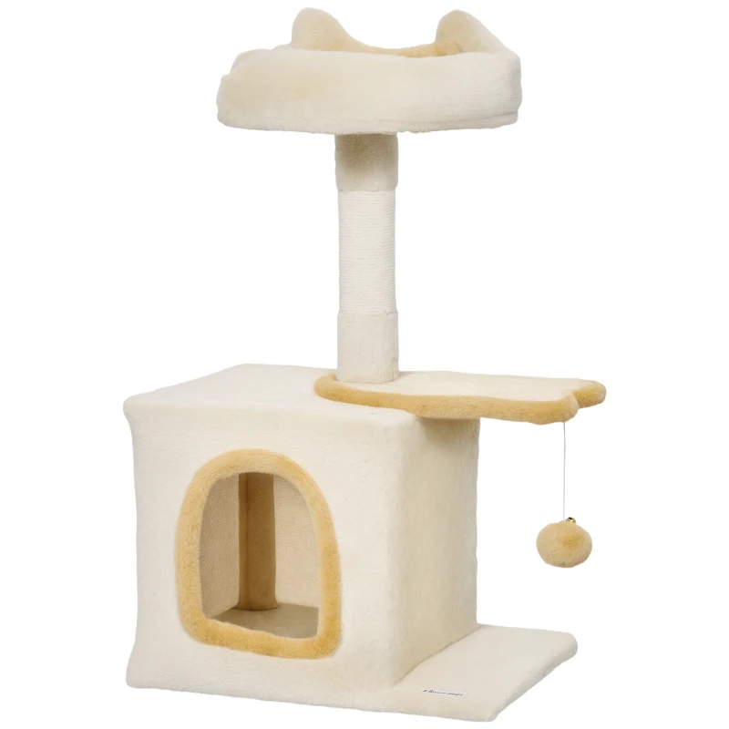 PawHut Albero Tiragraffi per Gatti con Posatoio e Casetta, in Legno, Peluche e Sisal, 40x30x72 cm, Beige e Giallo