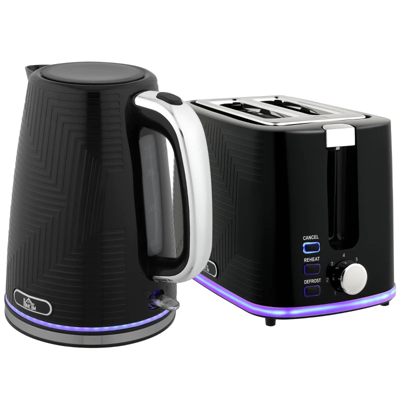 HOMCOM Wasserkocher- und Toaster-Set, 2200W, Otter-Thermostat, 2-Schlitz-Toaster, 7 Bräunungsstufen, Krümelfach, Schwarz