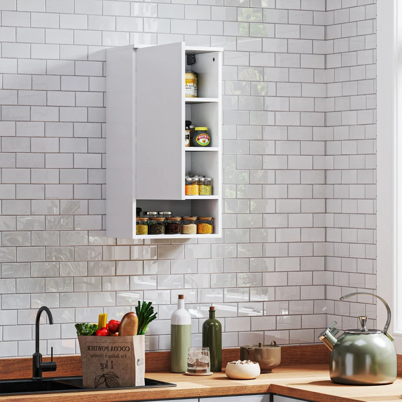 HOMCOM Wall-mounted bathroom cabinet, wall cabinet for bathroom with adjustable shelves, open compartment, wood, white