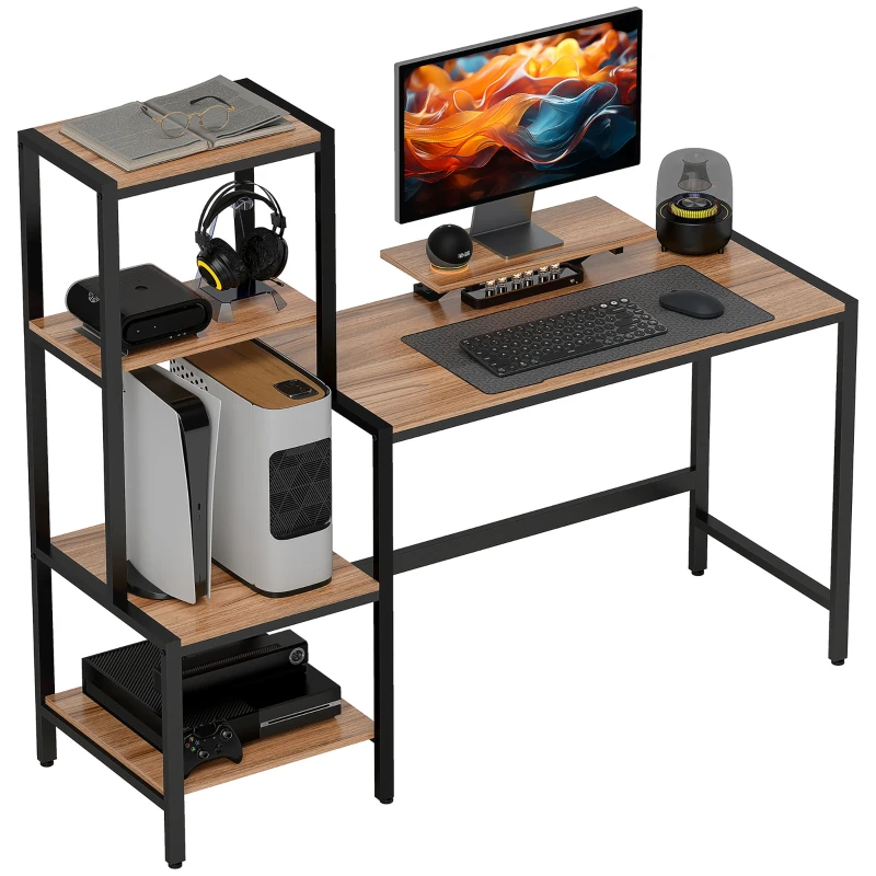 HOMCOM Computer Desk with Monitor Stand, Desk with 4-Tier Shelf, Industrial Design, Brown