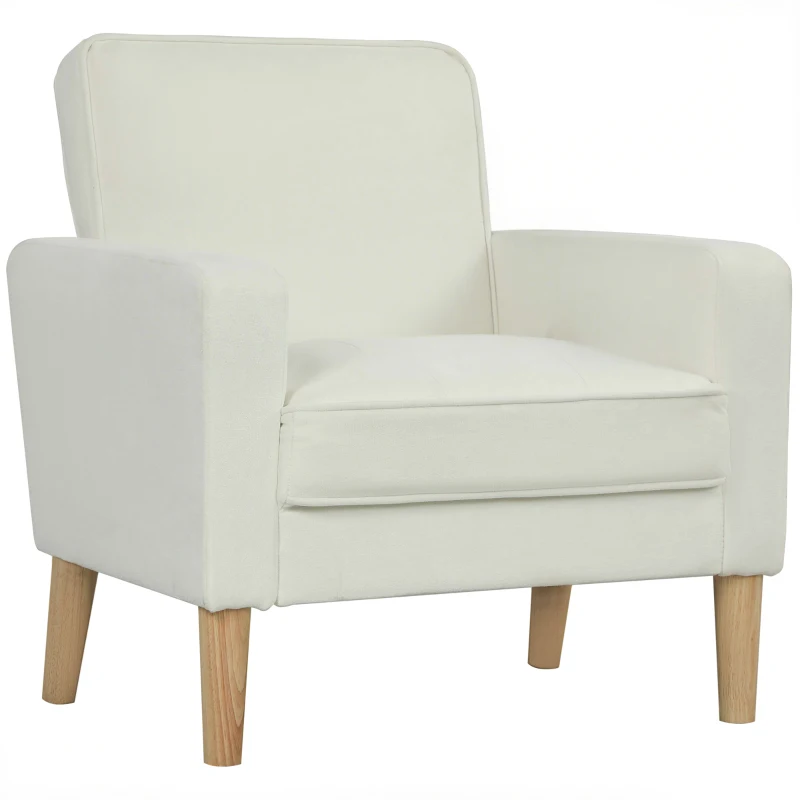 HOMCOM Upholstered armchair with armrests, reclining backrest, rubberwood legs, Cream White