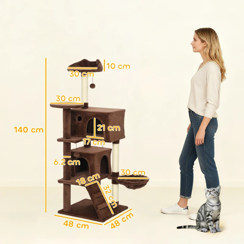PawHut Tiragraffi per Gatti 140 cm con Piattaforme Letto Amaca Scala Pali in Sisal Marrone