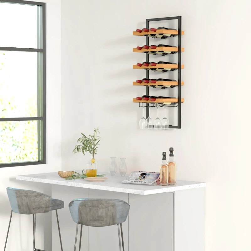 HOMCOM Wall Wine Rack, 5 Levels, Bottle Holder, Glass Holder, Pine Wood, Steel, Home Bar, Kitchen, Living Room, Brown