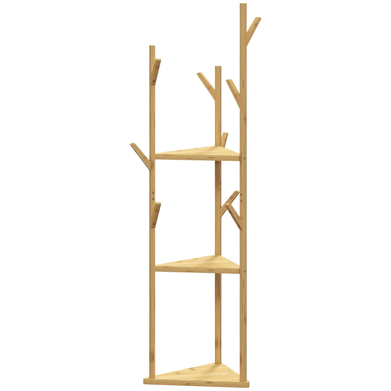 HOMCOM Coat Rack, Bamboo Wardrobe Stand, 9 Hooks, 3 Shelves, Natural