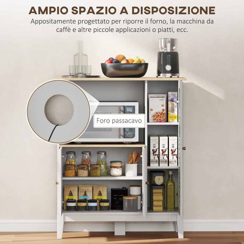 HOMCOM Mobile Microonde con Armadietto Inferiore e 3 Ripiani Laterali con Anta in Vetro, in Legno, 80x35x97 cm, Bianco