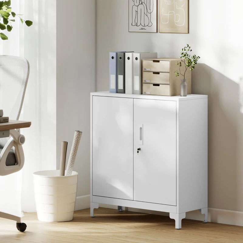 HOMCOM Metal Office Cabinet, Lockable Doors, Office Chest, 2-Tier Design, White