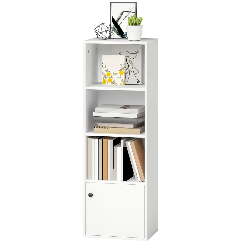 HOMCOM Bücherregal 4 Ebenen, modernes Regal mit offenen Regalböden und Tür, 40x30x120 cm, Weiß