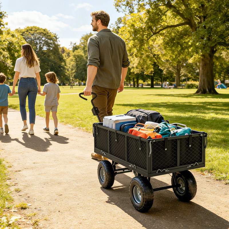 Outsunny Gartenwagen, 4-Rad-Trolley aus Stahl, abnehmbare Seitenwände, 25 cm Räder, drehbarer Griff, 300 kg Traglast, Schwarz(m-9)
