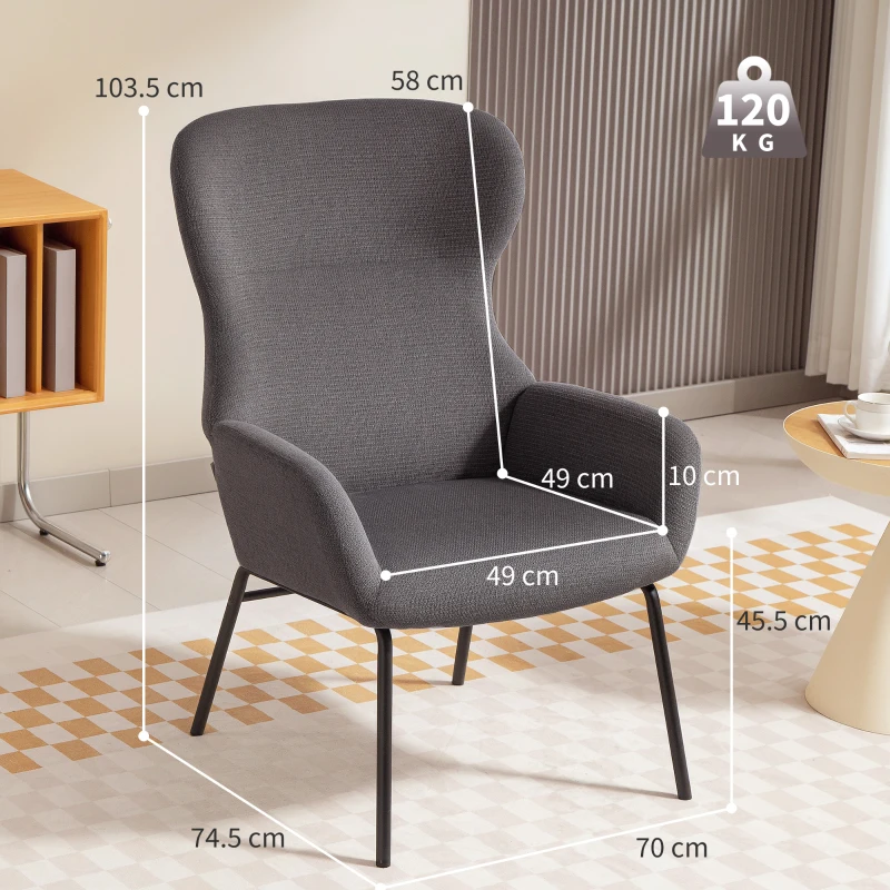 HOMCOM Modern wingback upholstered chair, high back, thick padding, metal legs, Gray