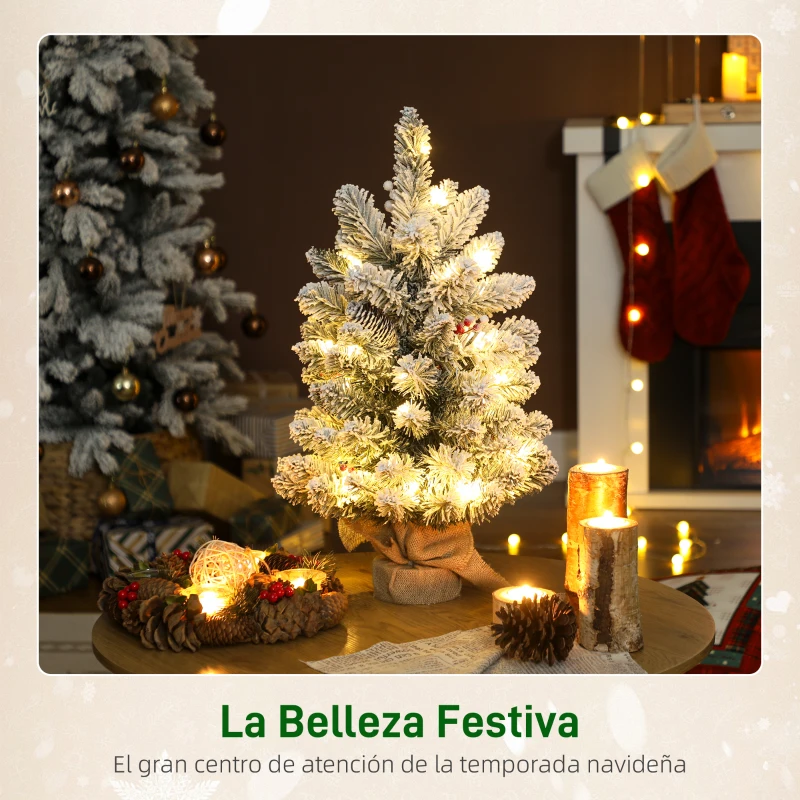 HOMCOM Mini Árbol de Navidad Artificial 60 cm con 35 Luces LED 72 Ramas Densas con Nieve Adornos y Base de Arpillera Verde