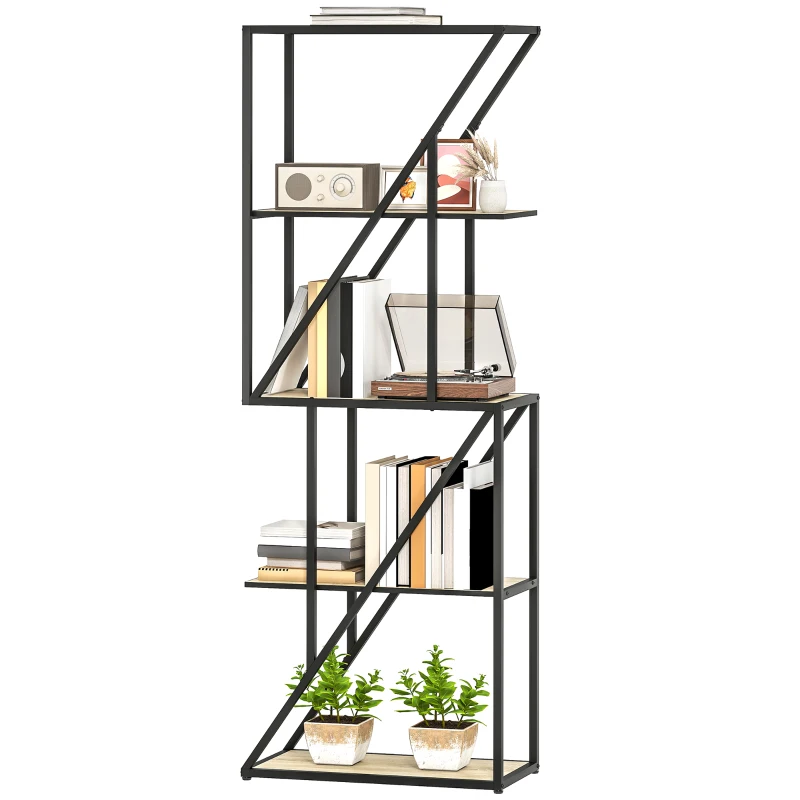 HOMCOM Librería de 5 Niveles Estantería para Libros Industrial con Estantes Abiertos y Marco de Acero 60x30x165 cm Roble