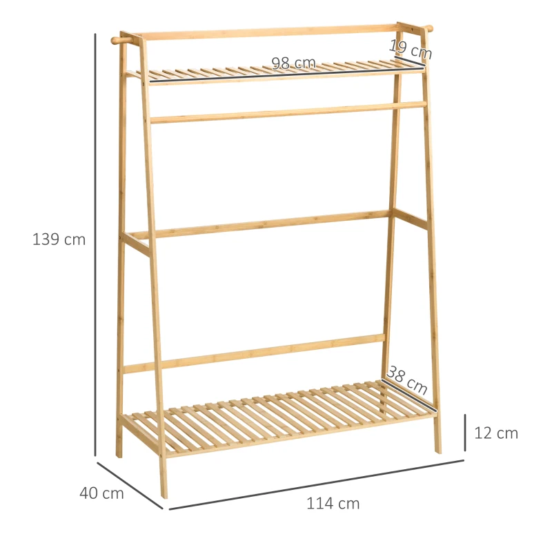 HOMCOM Bamboo Clothes Rack, 2 Coat Hooks, Clothes Rail, 2 Shelves, 114 x 40 x 139 cm