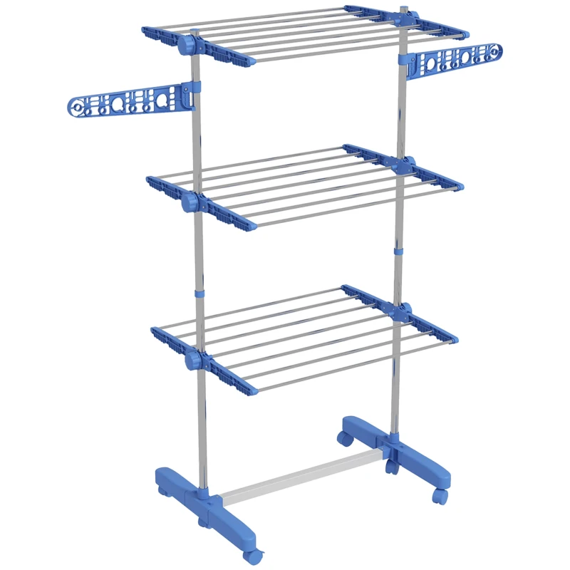 HOMCOM Uscător de Rufe Pliabil Vertical, Extensibil Tip Turn cu 6 Roți, Cârlige și 3 Rafturi, 142x55x152 cm, Albastru