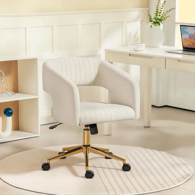 HOMCOM Rolling Desk Chair with Velvet-Effect Upholstery, Height-Adjustable Office Chair, Tilt Function, Cream White
