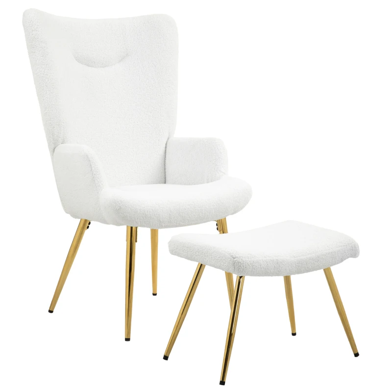 HOMCOM Wing chair with Ottoman, high back, Sherpa cover, gold-colored metal legs, up to 120 kg, White