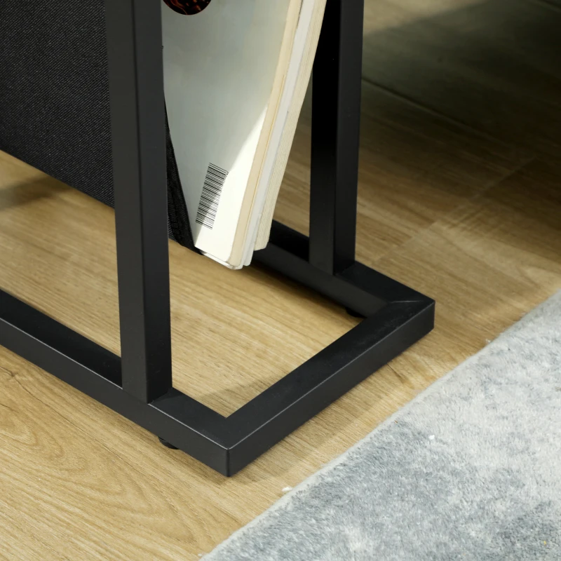 HOMCOM Metal Side Table with Fabric Pocket and Glass Top, Slim Table for Living Room, Bedroom, Black