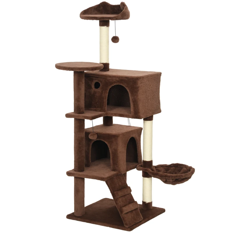 PawHut Arbre à Griffer pour Chats 140 cm avec Plateformes Lit 2 Cachettes Hamac Échelle Poteaux en Sisal Marron