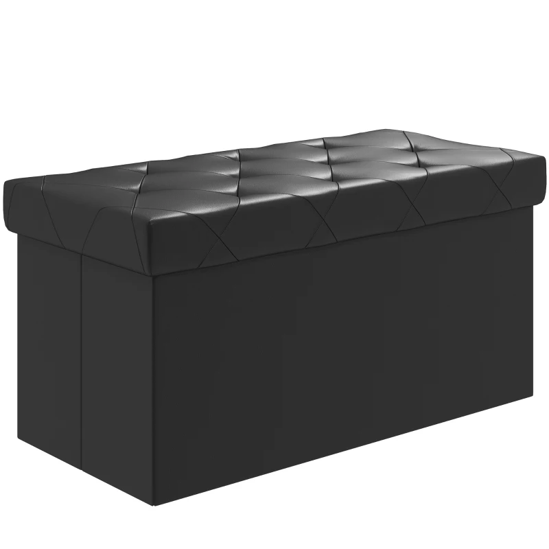 HOMCOM Bancă Cutie de Depozitare Pliabilă, Bancă Taburet cu Capac și Înveliș din Piele Ecologică, 76x38x38 cm, Negru