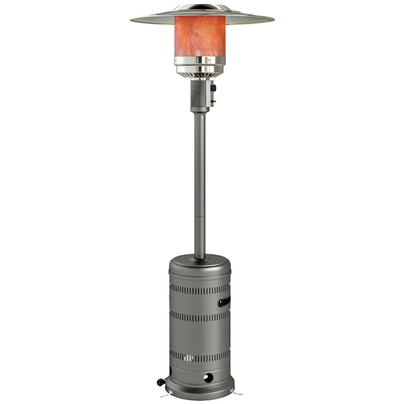 Outsunny Aquecedor a Gás 13 KW com Temperatura Ajustável Proteção Contra Tombos Ignição Piezoelétrica e Rodas 82x82x222 cm Cinzento