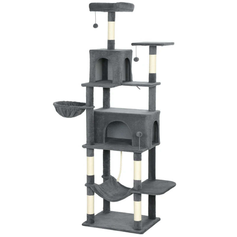 PawHut Albero Tiragraffi per Gatti Alto 202 cm con 6 Pali in Sisal, 2 Casette, 2 Amache e Lettino, Grigio