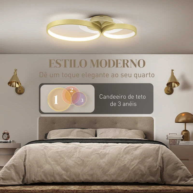 HOMCOM Candeeiro de Teto LED 40W Candeeiro Moderno com Iluminação LED 3000K/4000K/6500K 59x38x7,4 cm Dourado