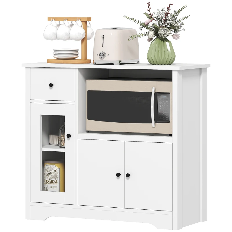 HOMCOM Kitchen cabinet with cable hole, chest with 2 cabinets, open compartment, drawer, 80 x 35 x 72.2 cm, particleboard, white