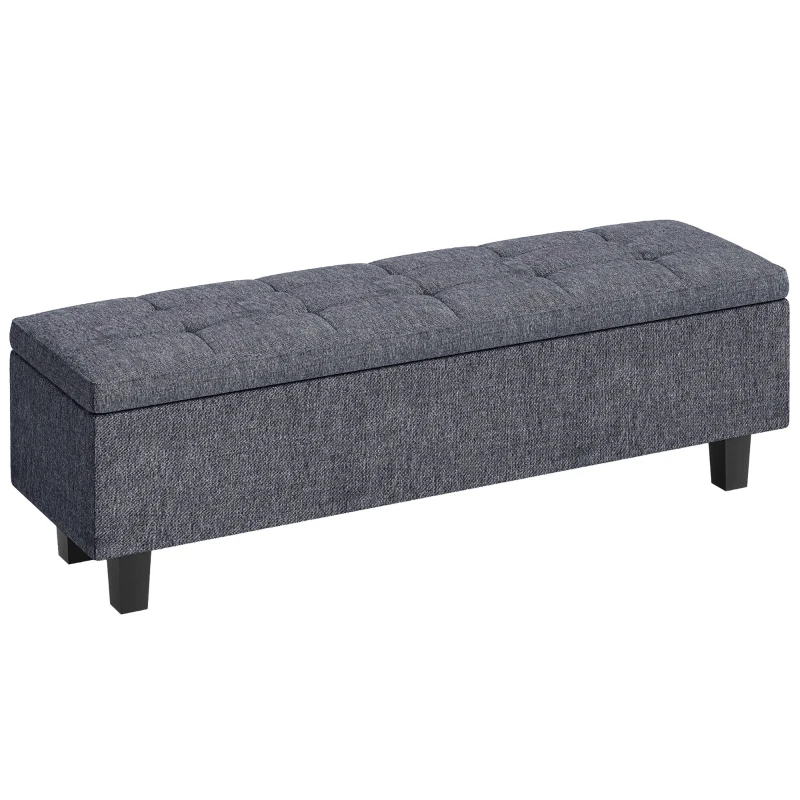 HOMCOM Linen-look storage upholstered bench with rubberwood legs for living room, bedroom, hallway, Dark Gray