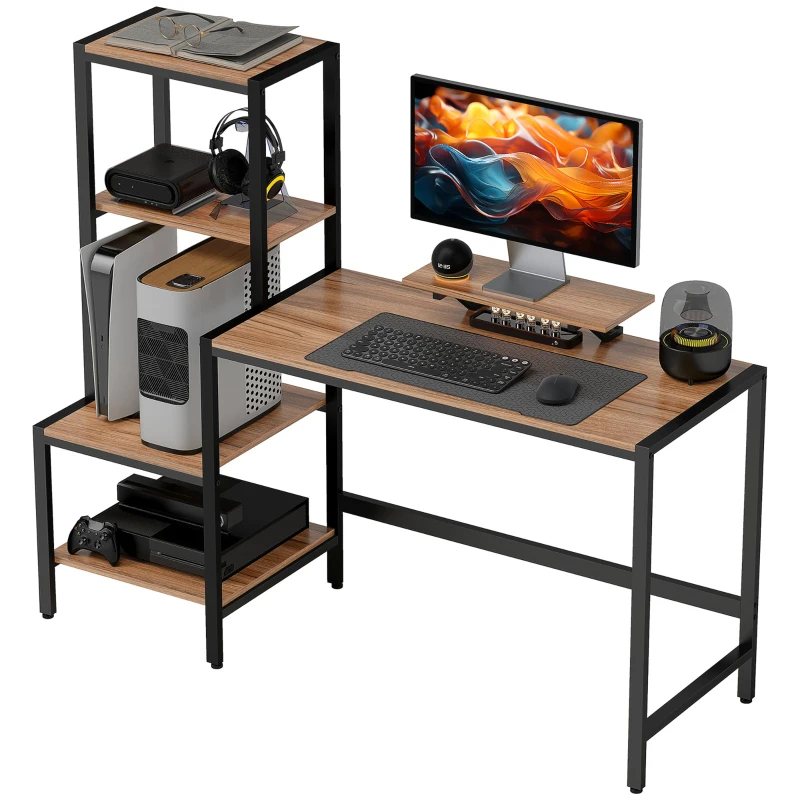 HOMCOM Computer Desk with Monitor Stand, Desk with 4-Tier Shelf, Industrial Design, Brown