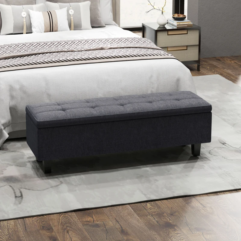 HOMCOM Linen-look storage upholstered bench with rubberwood legs for living room, bedroom, hallway, Dark Gray
