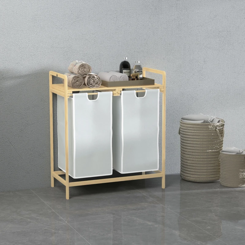 HOMCOM Laundry basket with 2 wash bags, 1 shelf, bamboo, 63.5 cm x 33 cm x 73 cm, Light gray + Natural