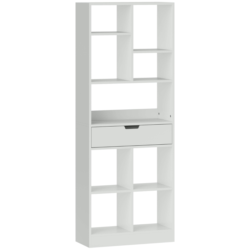 HOMCOM Bookshelf, Multipurpose Shelf, 9 Compartments, Drawer, Anti-tip, 60 x 26 x 158 cm, White