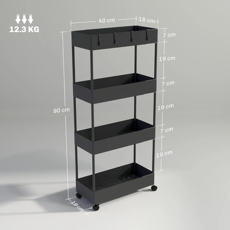 HOMCOM Kitchen Cart with 4 Shelves, 4 Flexible Hooks, 4 Casters, 40 cm x 19 cm x 90 cm, Slim Cart, Black