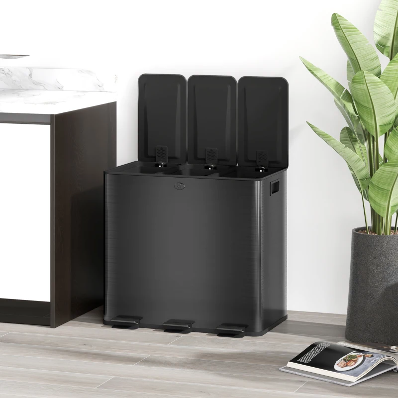 HOMCOM Trash can with 3 x 15L compartments, Deodorant lids, Fingerprint-resistant, Soft-Close, Removable, Black