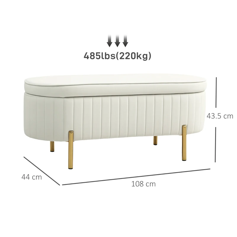HOMCOM Storage Bench with Lift-Up Lid and Storage, Fabric Cover, Metal, Cream White+Gold