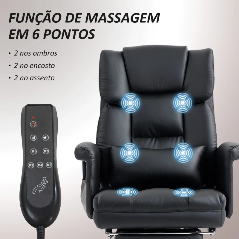HOMCOM Cadeira de Escritório com Massagem em 6 Pontos Apoio para os Pés Retrátil Controlo Remoto e Suporte Lombar 69x65x115 cm Preto