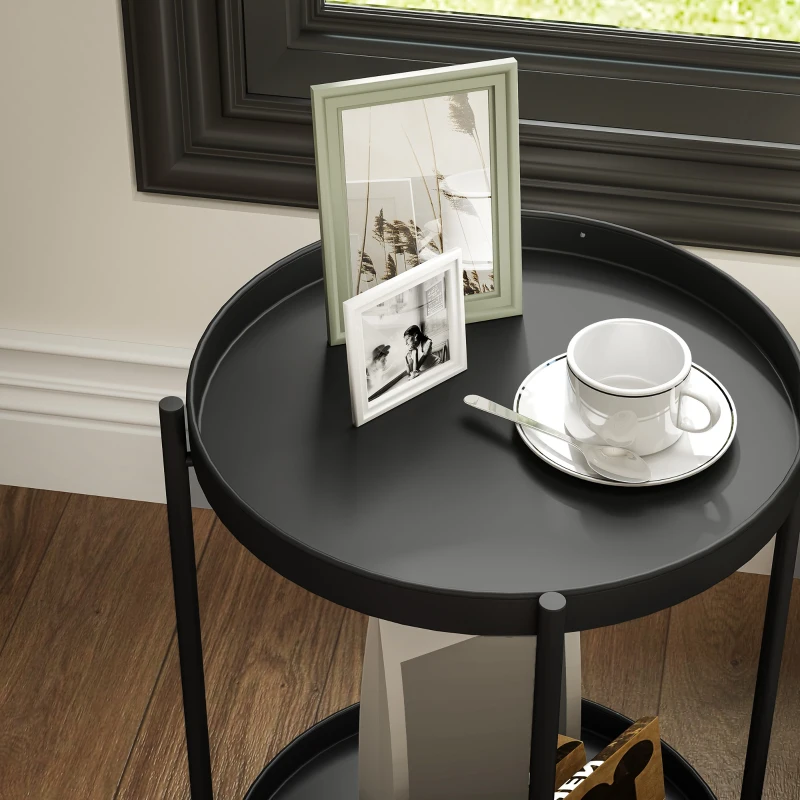 HOMCOM Round side table with shelf, 2-tier coffee table for living room, bedroom, small spaces, metal, black