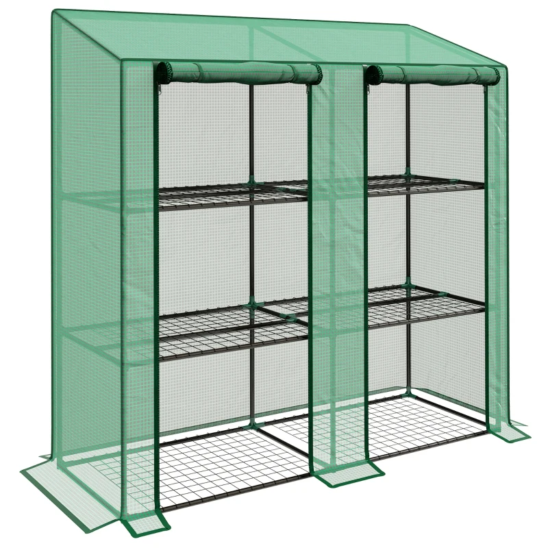 Outsunny Seră de Grădină cu Copertină din PE, Seră cu Acoperiș Înclinat, 2 Uși Rulante și 6 Rafturi, 143x46x151cm, Verde