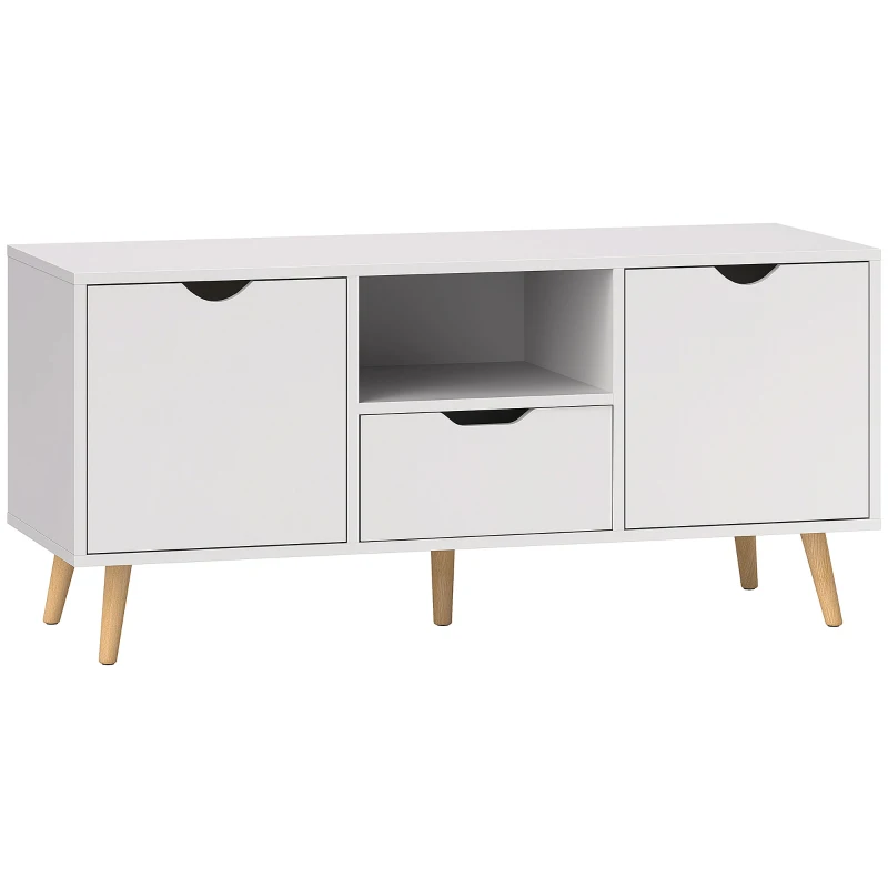 HOMCOM Mobilier TV de 50" cu Sertar, Raft Deschis și 2 Dulapuri, Mobilier TV cu 5 Picioare din Lemn, 110x40x50 cm, Alb