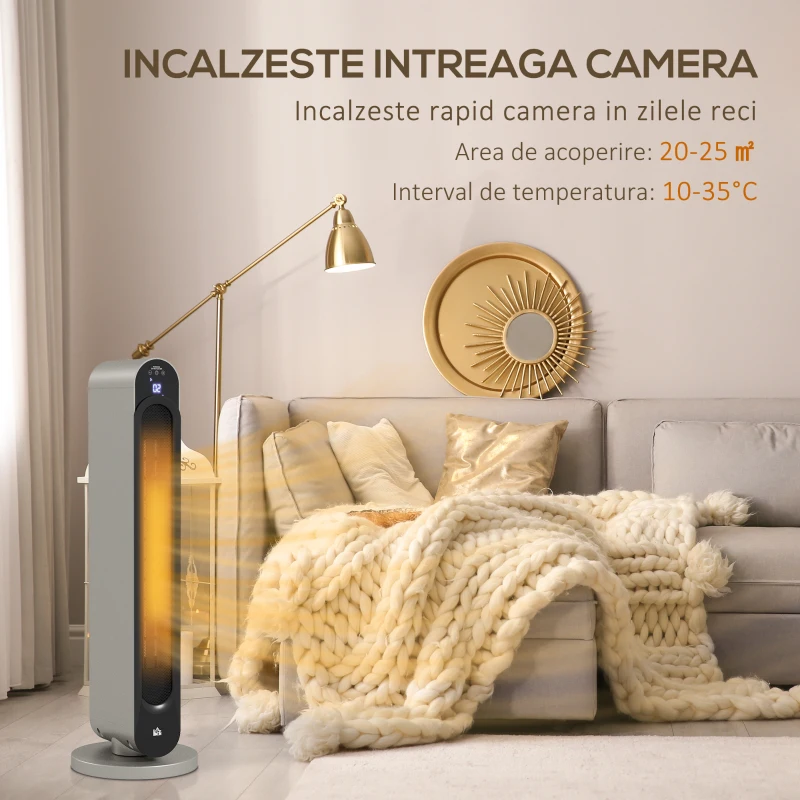 HOMCOM Incalzitor Electric Oscilant cu 3 Moduri de Incalzire, Incalzitor cu ventilator cu Temperatura Reglabila si Telecomanda, din ABS, Ø25x73.5 cm, Argintiu