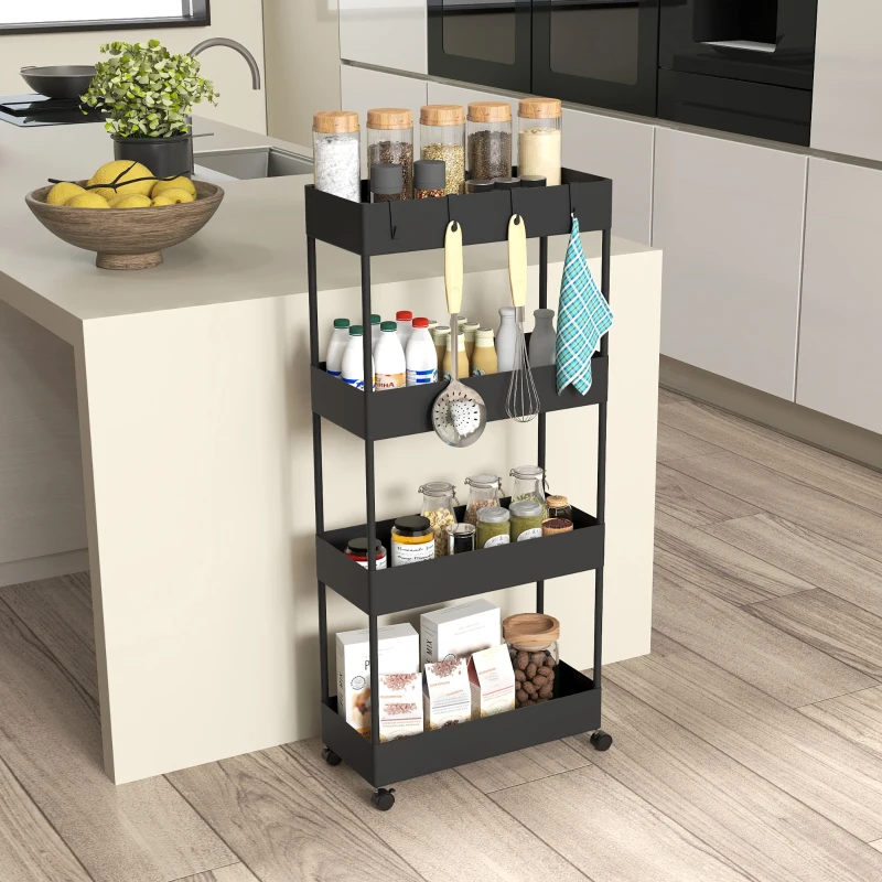 HOMCOM Kitchen Cart with 4 Shelves, 4 Flexible Hooks, 4 Casters, 40 cm x 19 cm x 90 cm, Slim Cart, Black