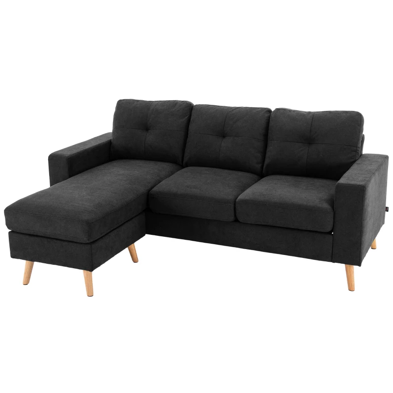 HOMCOM 3-Seater Sofa Couch Corner Sofa with Chaise Lounge, Button Tufting, 193 x 136 x 85 cm, Black