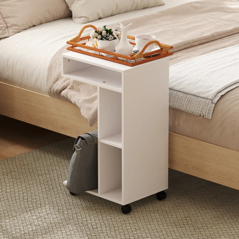 HOMCOM Side table, C-shaped serving trolley, 4 casters, 3 compartments, 40 x 30 x 69 cm, White
