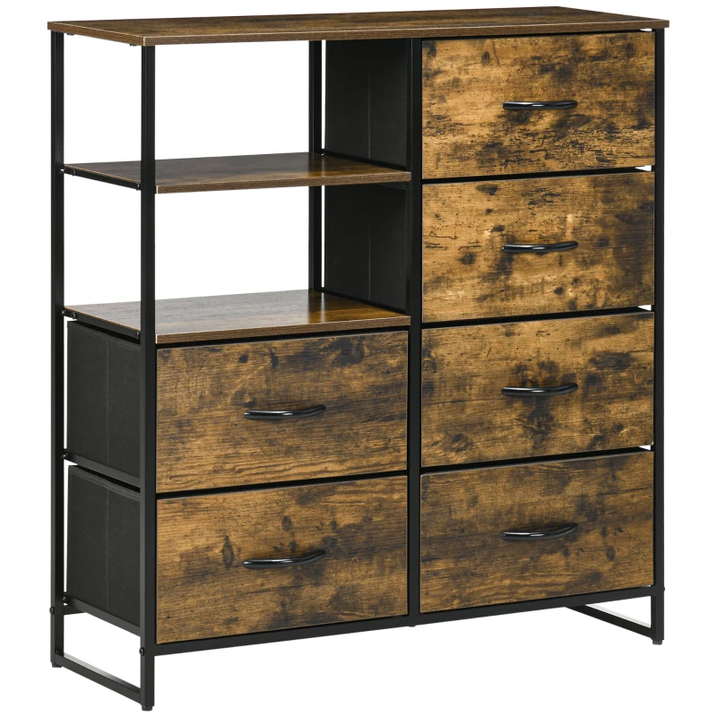 HOMCOM Dresser with six drawers, open shelves, MDF and steel, 84x30x92 cm, Brown/Black, adjustable feet
