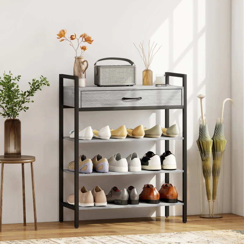 HOMCOM 4-tier Shoe Rack, Hallway Rack for up to 9 Pairs of Shoes, Particleboard, Metal, Gray